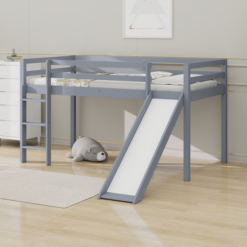 Lit mezzanine bas avec glissade, échelle, barrières de sécurité, Gris