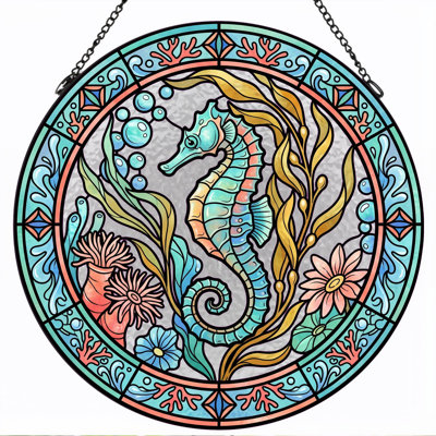 Seahorse Design Stained Glass Window Panel，12"H