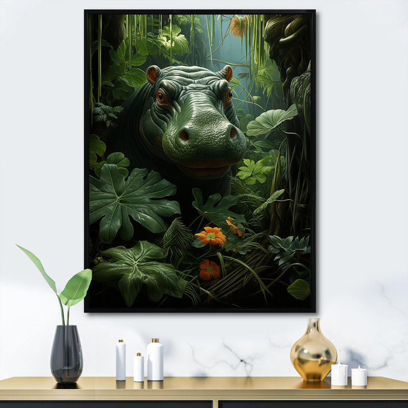 «Green Vibrant Hippo Portrait - Hippopotamus», art mural, Cadre flottant noir, H 44 po x l 34 po x P 1,5 po