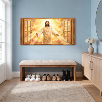 Jesus Christ Window Frame Canvas Wrapped Wall Art Religious With Golden Light And Clouds Background For Home Church Decor