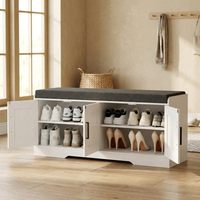 2-Tier Storage Bench With Thick Padded Seat Cushion, 4-Door Shoe Bench With Adjustable Shelf, 13.8"D X 45.3"W X 18.5"H, Entryway, Living Room, Bedroom, White