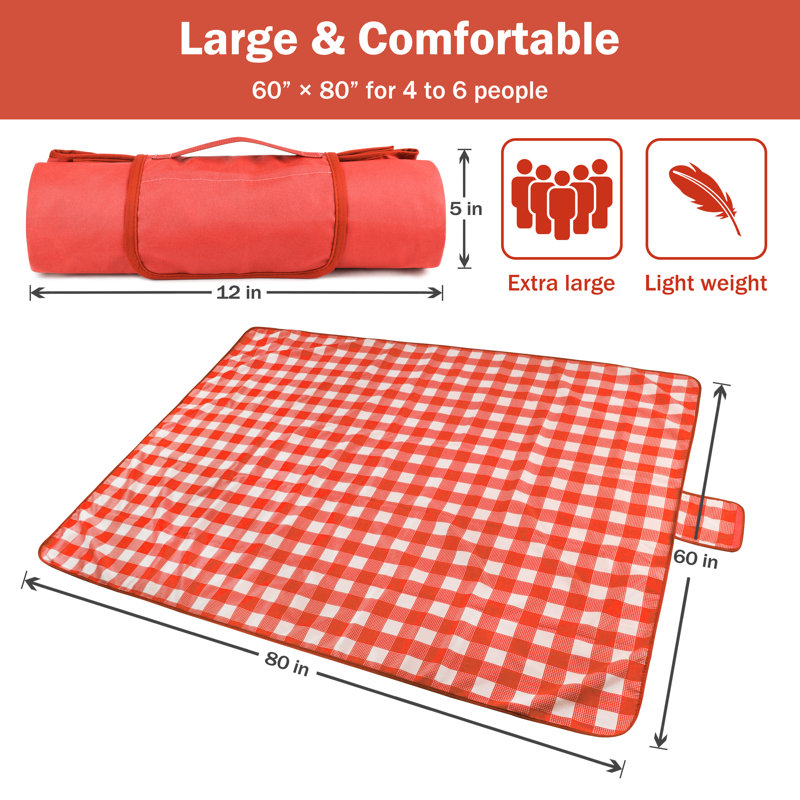 Couverture imperméable pour pique-nique Tirrinia, 60 x 80 pouces, Tissu écossais rouge / blanc