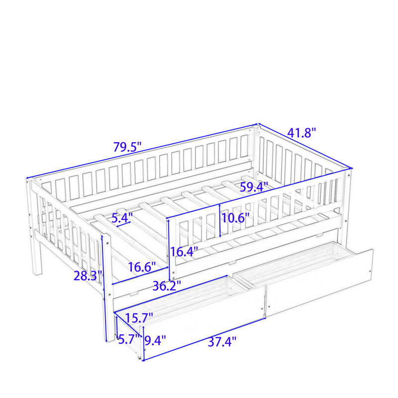 Wood Daybed with Two Drawers and Slats, White, Twin