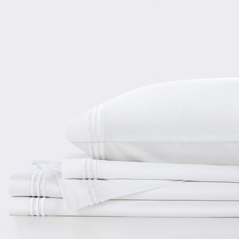 Three Line Hotel Sateen Striped Sheet Set, King, White