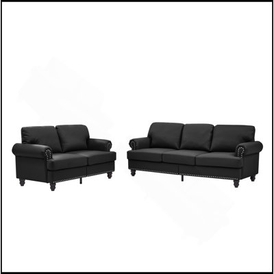 Design moderne et classique avec clous, causeuse de salon 2 + 3 places et canapé en cuir, similicuir rembourré noir