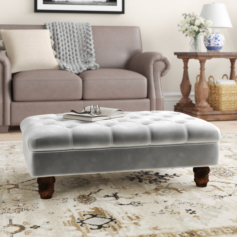 Forestburgh 90Cm Wide Velvet Tufted Rectangle Footstool Ottoman with Gourd-shaped Legs, Grey