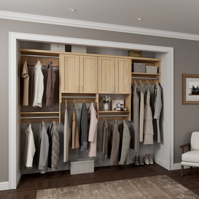 Natural Oak 102" Wall-Mounted Single Wall Closet System with 4 Sections, Shaker Doors, 5 Clothing Rods & 8 Shelves