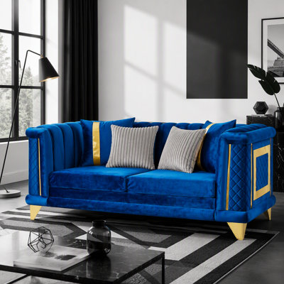 Ensemble de canapé en velours de luxe 2 pièces avec garnitures en acier inoxydable doré et texture brodée, canapé victorien moderne de 89 pouces à 3 places et 69 pouces pour causeuse, bleu