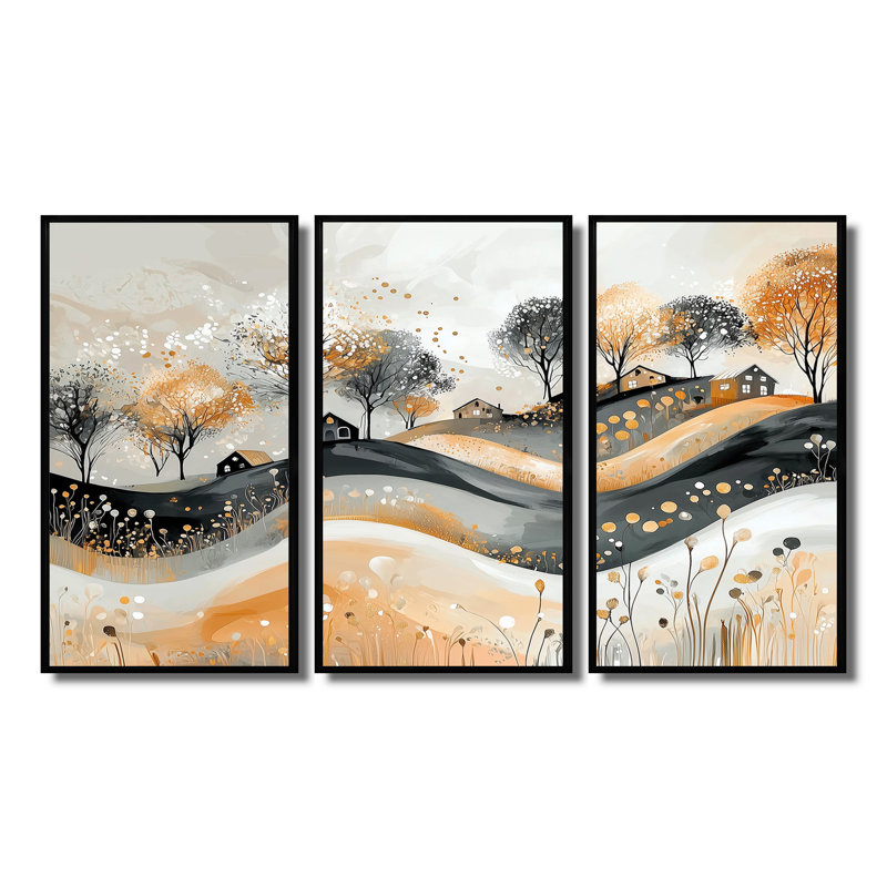 Paysage abstrait en gris et or - ensemble d'art mural paysages abstraits, H 28 po x l 36 po x P 1 po