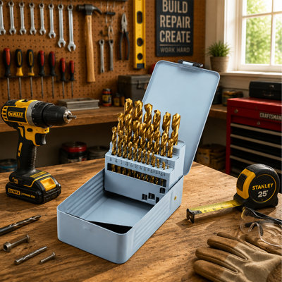 29 Pcs High Speed Steel Twist Drill Bits with Titanium Coating, Inch Sizes Metal Drill Set, Comes with Metal Storage Box, Suitable for Drilling Wood, Metal, Plastic in Home Repair & Workshop Tasks