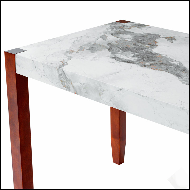 Ensemble de salle à manger moderne quatre pièces comprenant une table d'aspect marbre, des chaises rembourrées et un banc avec pieds en bois massif.