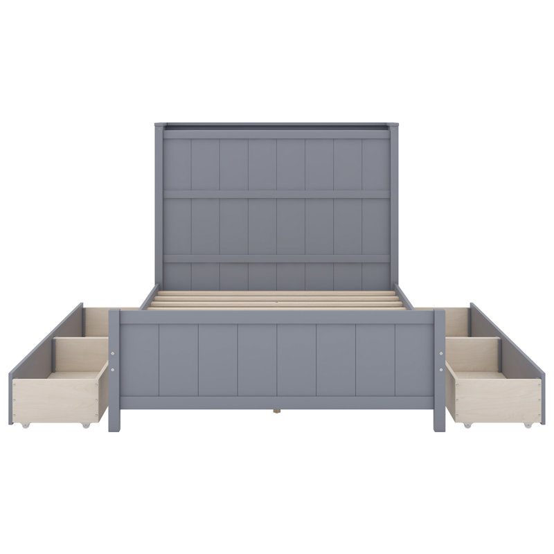 Lit plateforme double avec tiroirs et tablettes de rangement, Gris