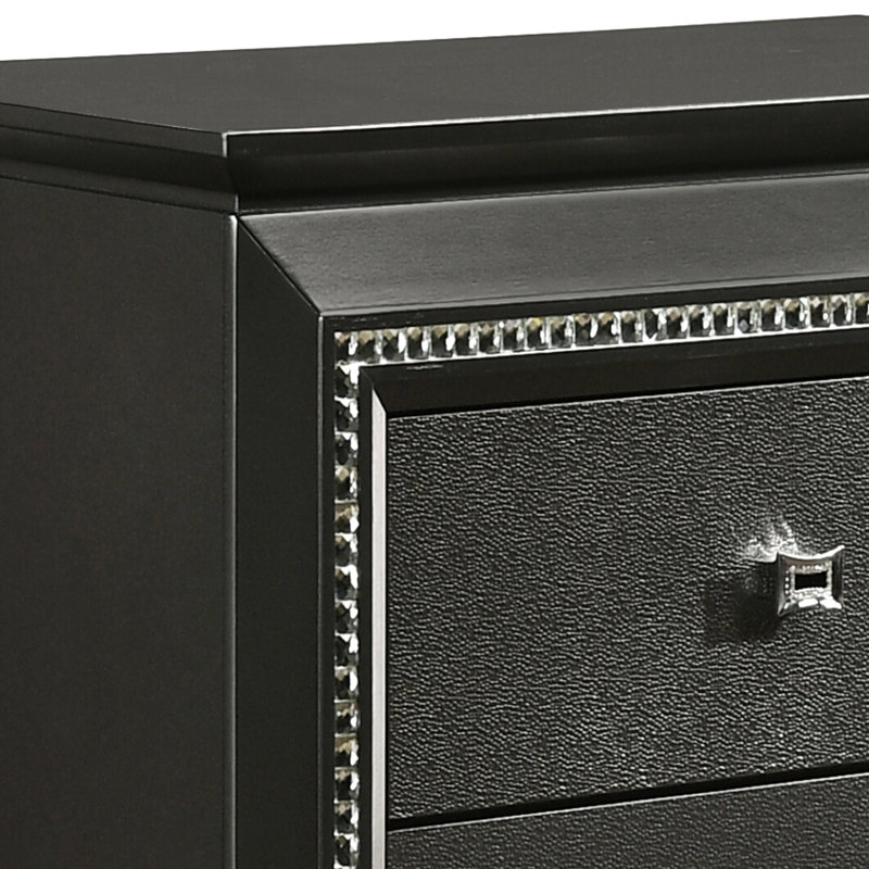 Table de chevet gris métallique avec 2 tiroirs - mesures de rangement de chambre à coucher modernes et garnitures étincelantes