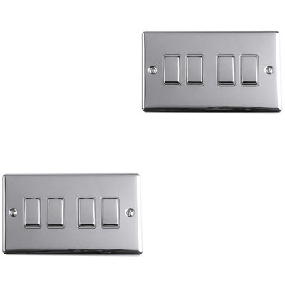 2 PACK 4 Gang Metal Quad Light Switch POLISHED CHROME 2 Way 10A White Trim