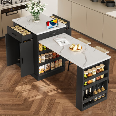 Îlot extensible avec tiroirs, armoire à deux portes et tablettes ouvertes