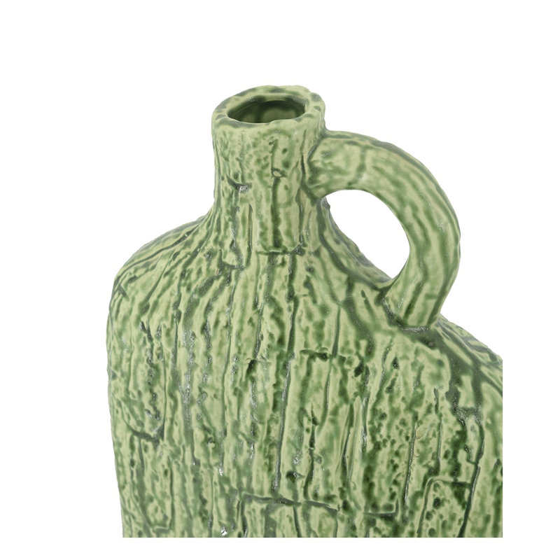 Vase asymétrique en céramique verte avec poignée et finition texturée organique
