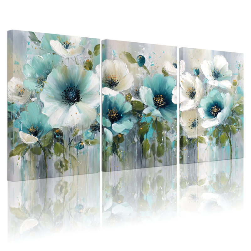 Ensemble de 3 toiles abstraites florales turquoise et blanches, montées sur châssis, pour la décoration du salon et de la chambre.