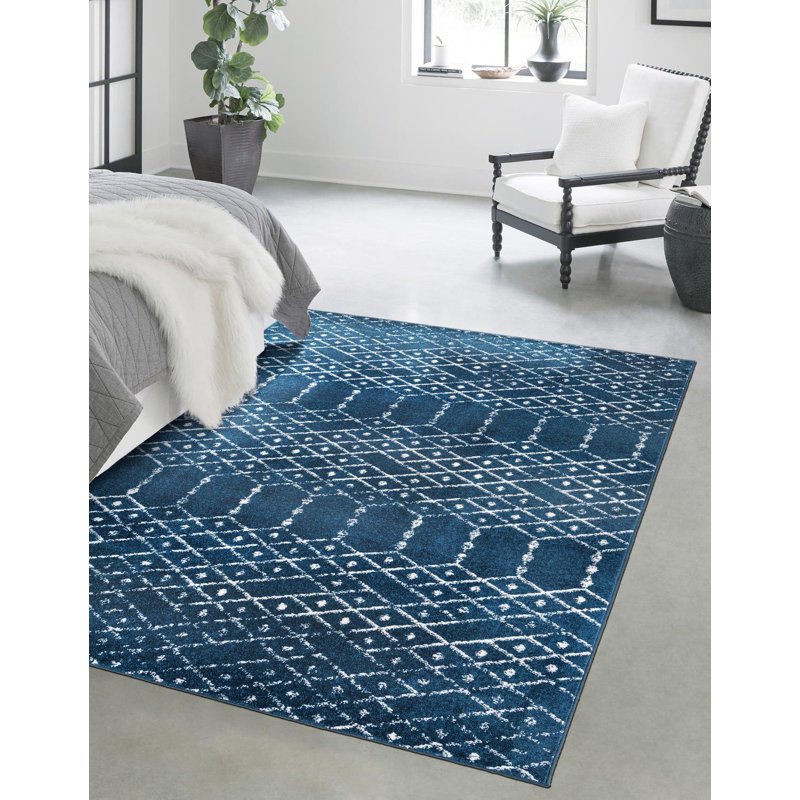 Tapis bleu marine / blanc Lenwood, Rectangle de 10 pi x 14 pi