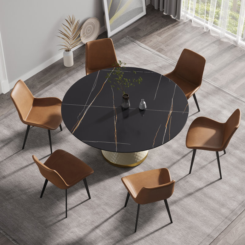 Table de salle à manger moderne 59,05 po en pierre artificielle ronde en acier au carbone blanc pouvant accueillir 6 personnes (chaises non incluses)