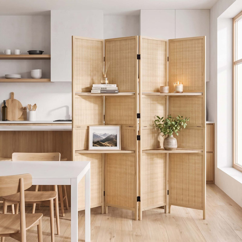Cloison pliante en rotin à 4 panneaux, écran d'intimité tissé en bois autoportant, cloison de séparation avec / sans tablettes de présentation pour la chambre à coucher du salon