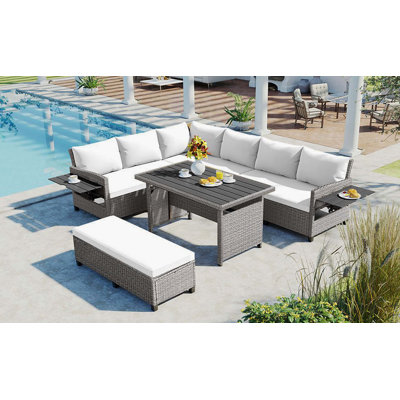 5-Piece Outdoor Patio Rattan Sofa Set, Sectional PE Wicker L-Shaped Garden Furniture With 2 Extendable Side Tables, Dining Table & Washable Covers For Backyard, Poolside & Indoor Use, White