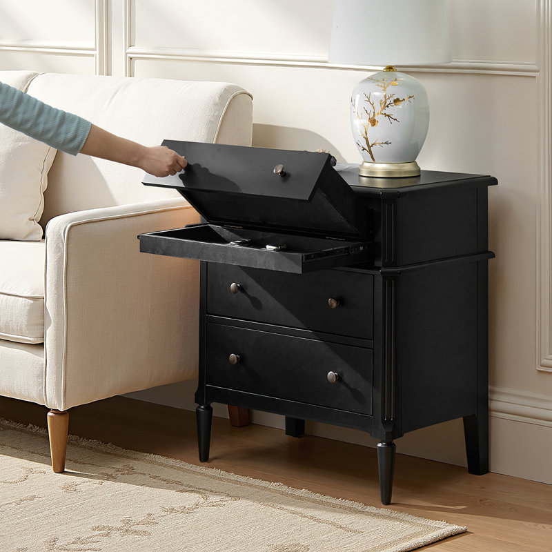 Vandyke Traditional 28"W 3-Drawer End Table with Pull-out Tray and Hidden Drawer and Solid Wood Legs, Black