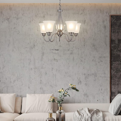 Classic 5-Light Chandelier With Brushed Nickel Finish And Frosted Glass Shade, Adjustable Ceiling Light Fixture For Dining Room, Living Room, And Hallway, Compatible With LED Bulbs