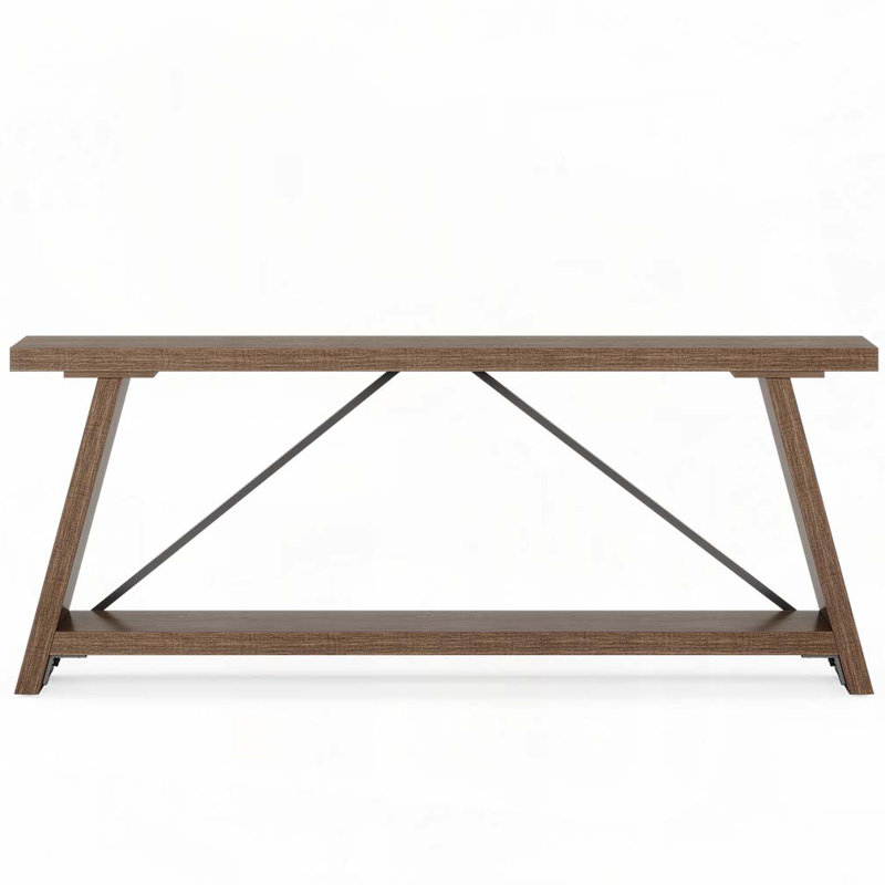 Farmhouse Console Table with 2-Tier Open Storage, Natural Light Brown
