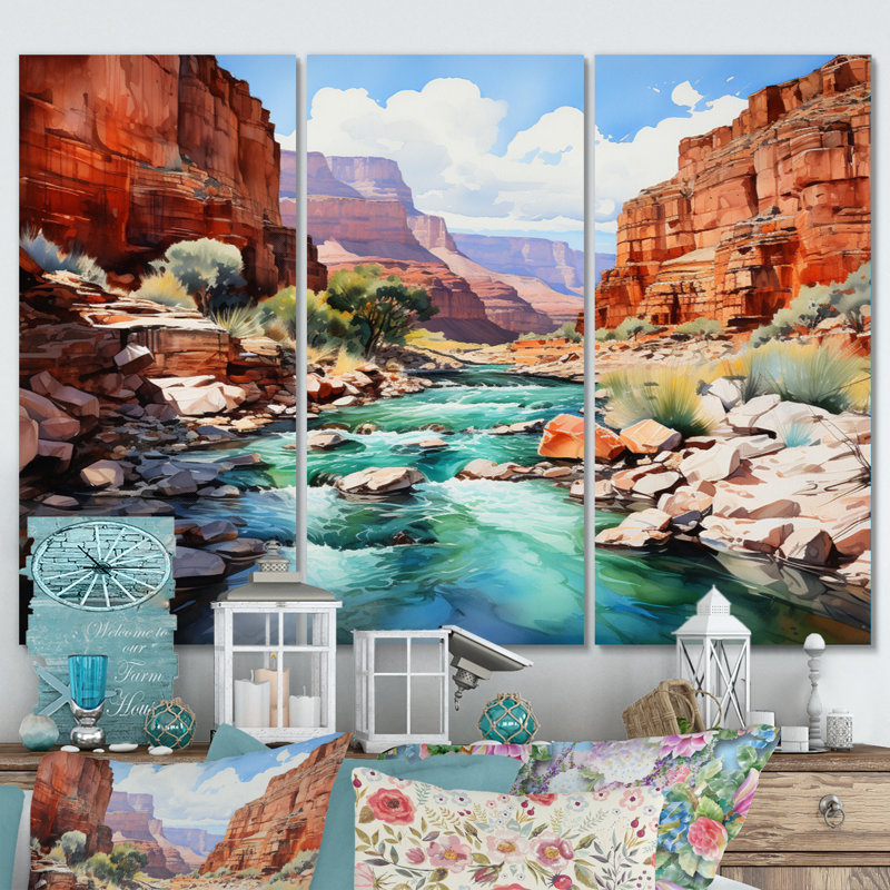 Nevada Canyon River sur toile, reproduction de 3 pièces, H 40 po x l 60 po x P 1 po