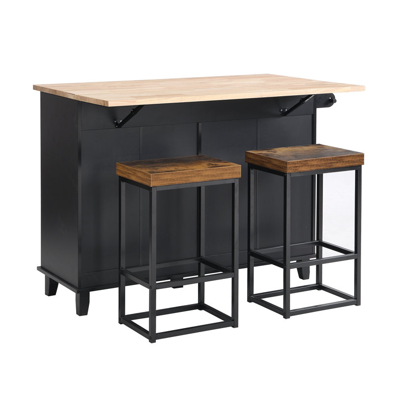 Farmhouse Kitchen Island Set With Drop Leaf And 2 Seatings,Dining Table Set With Storage Cabinet, Drawers And Towel Rack, Black+Rustic Brown