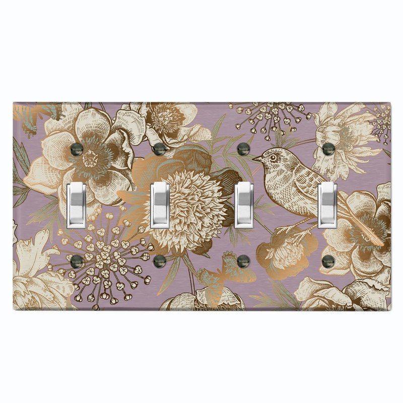 Couvercle de plaque d'interrupteur en métal; Bascule à 4 bandes US standard - pinson avec fleurs, # 4 Quad bascule