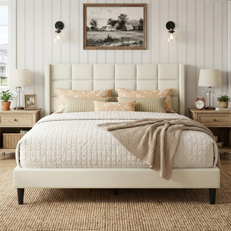 Upholstered Bed Frame With Wing Back Headboard – Light Beige, Beige, Queen