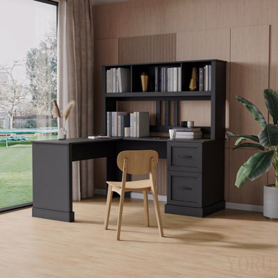 Home Office Computer Desk With Hutch, Antiqued Black Finish