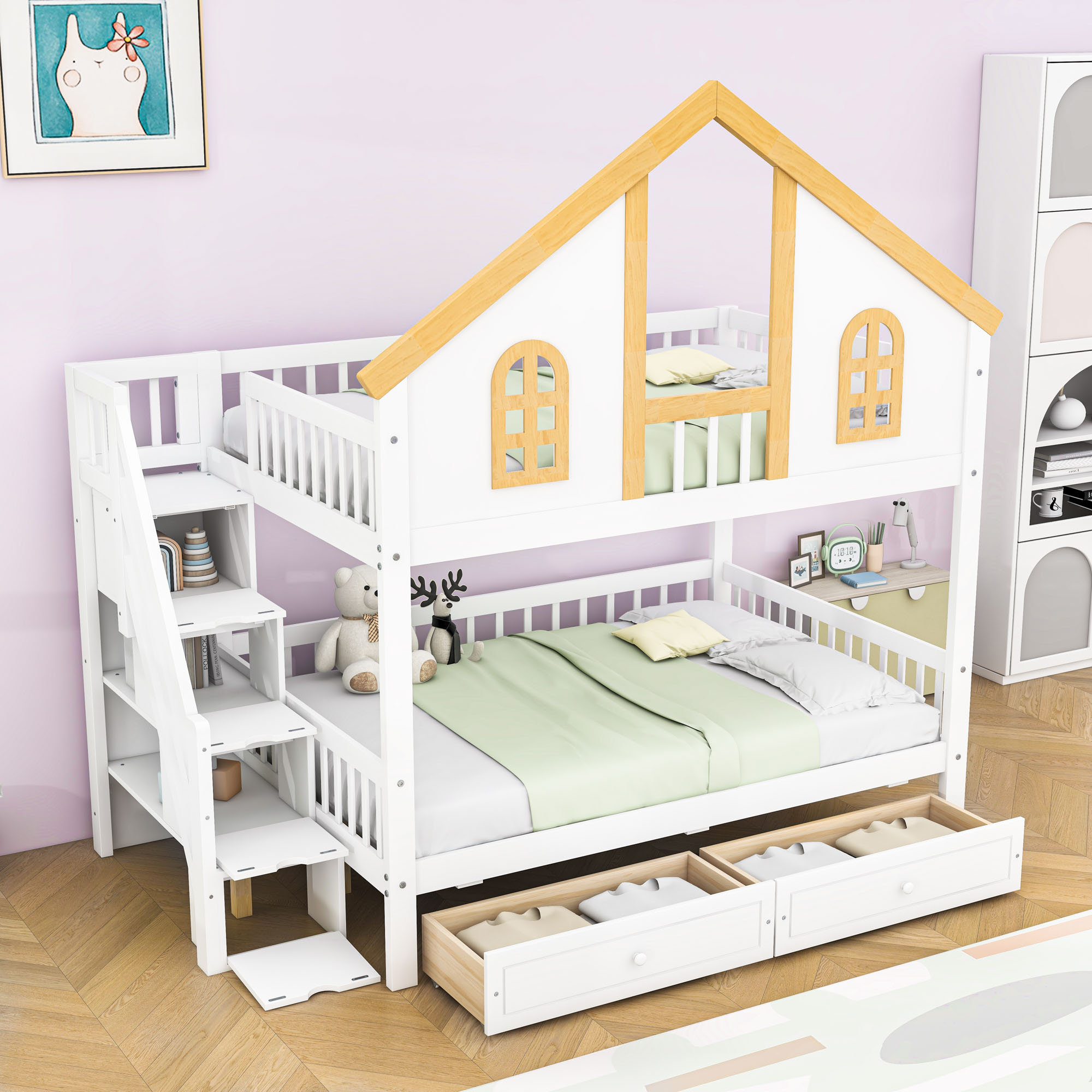 Harriet Bee 2 Drawers Wood Bunk Bed with Roof and Staircase - Wayfair ...