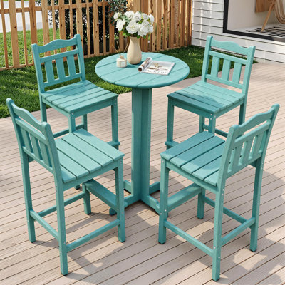 Ensemble de bar en bois 5 pièces toutes saisons en bois de polyuréthane - table bistro haute densité en HDD robuste et 2 tabourets avec sièges courbés ergonomiques - Ensemble de tabourets de bar d'extérieur pour la piscine, le balcon et la terrasse