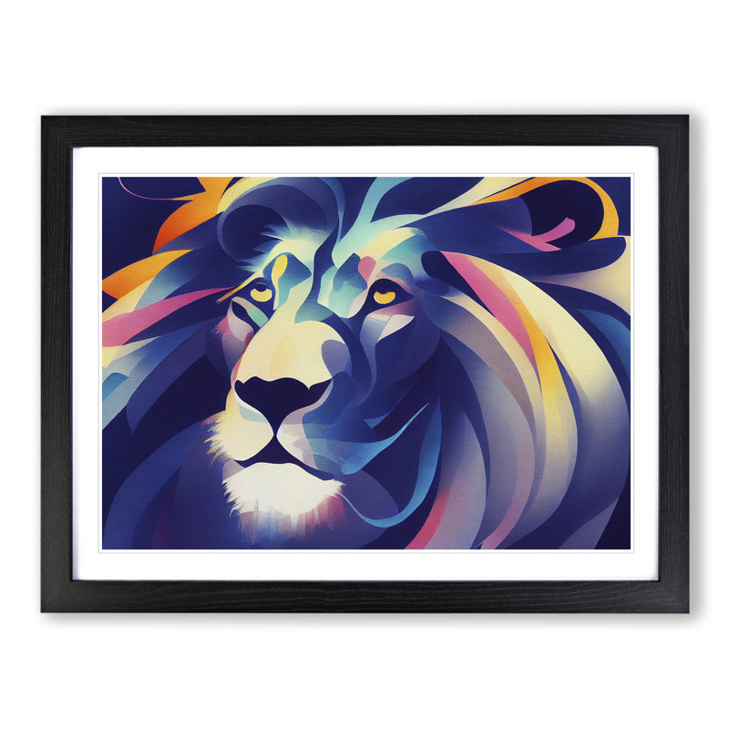 Animated Lion Abstract - Single Picture Frame Print, 25cm H x 34cm W x 2cm D, Black Framed
