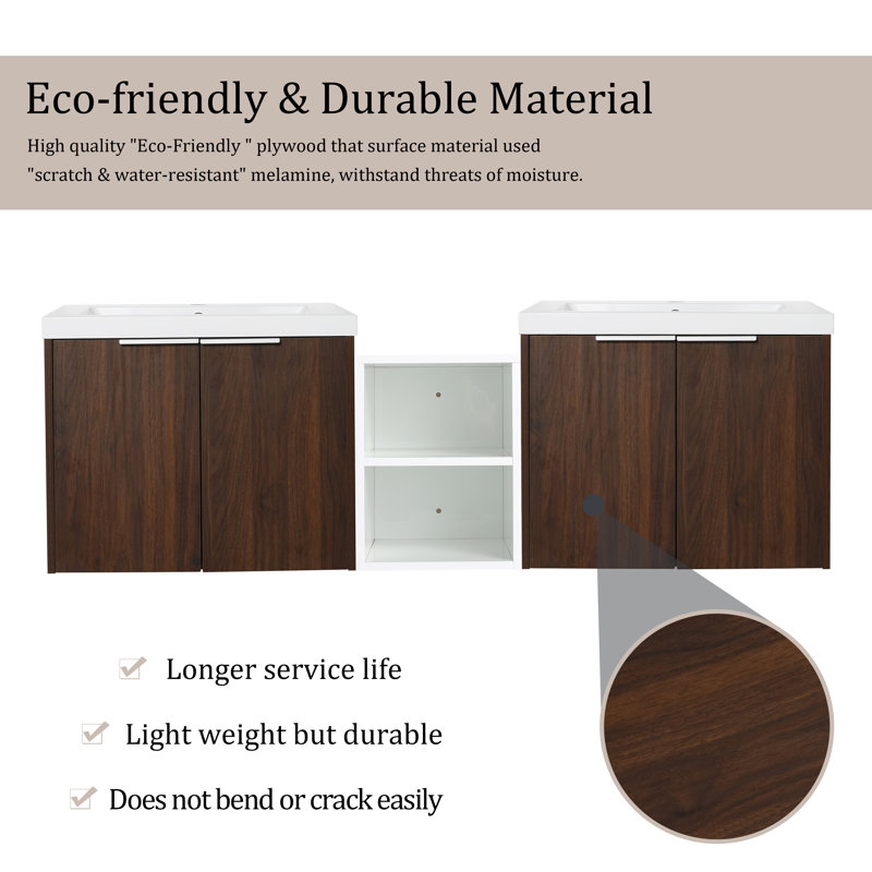 Meuble-lavabo double 60 po avec comptoir en résine 60 po, Brun