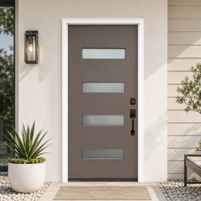 Porte d'entrée en fibre de verre grise 36 po x 80 po KS-Collection avec verre givré et moulure de brique