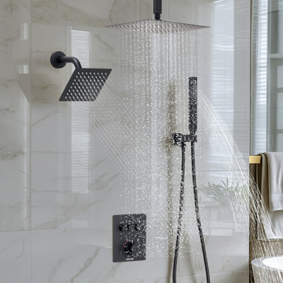 Ensemble de robinet de douche, système de douche de pluie thermostatique au plafond de 12 pouces avec tête de fixation murale de 6 pouces et douchette portative 2 en 1, valve de pluie double à 3 fonctions et ensemble de garniture, noir mat