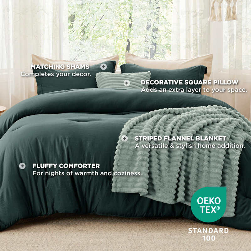 Bedsure All Season Boho Bed in a Bag with Throw Blanket and Decorative Pillow, Lightweight Comforter, Emerald Green