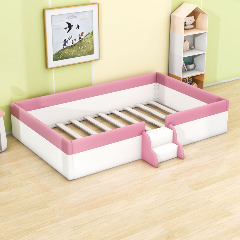 Upholstered Daybed with Guardrails and Stairs, Full, White/Pink