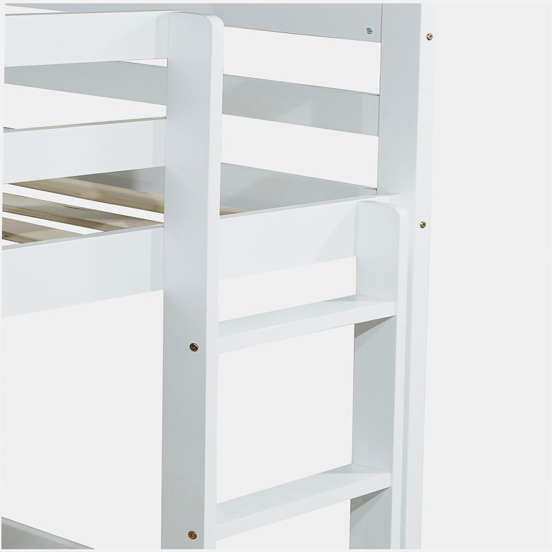 Lit simple en bois d'hévéa massif avec échelle, plateforme de lit avec barre transversale renforcée, Blanc