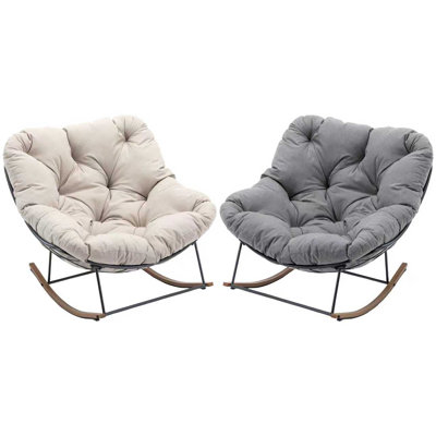 Outdoor Rocking Chairs, Two-tone Set, Couple Colorway Set, Oversized Papasan Chair With Cushion And Frame, Comfy Modern Rocker Egg Chair For Living Room, Garden, Backyard, Pool (mismatch Color Set, Beige&gray)