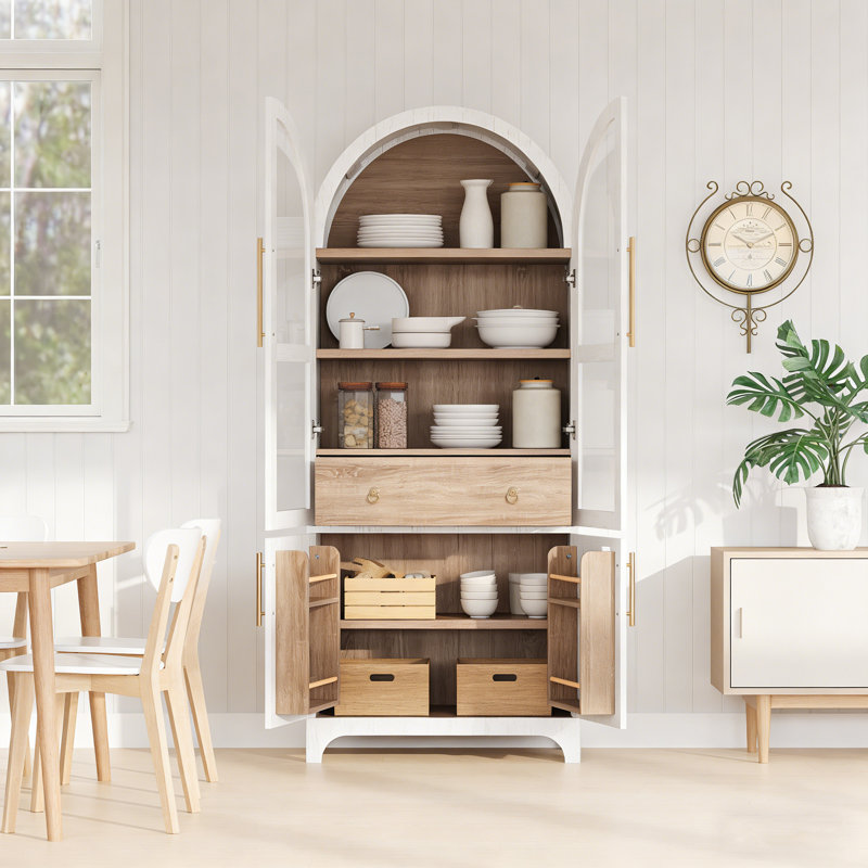 71" Farmhouse Arched Pantry Cabinet With Glass Door, Adjustable Shelves & Hidden Drawer For Kitchen Storage, White