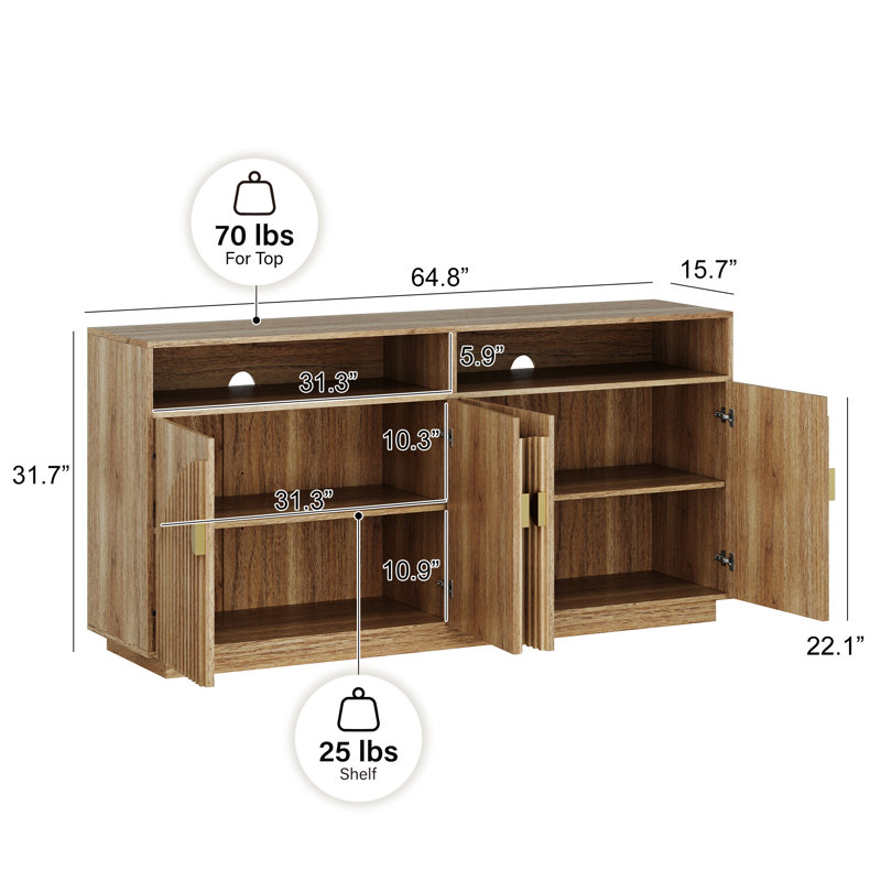 65 Inch Fluted TV Stand, Mid Century Modern Entertainment Center with Storage Cabinets & Open Shelves, Media Console TV Cabinet