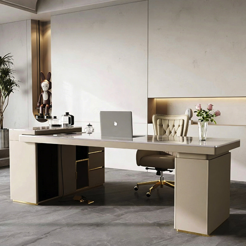 Modern Light Luxury L-Shaped Bright Glossy Rock Slab Desk with High-Grade Leather Accents, Multi-Functional Side Cabinet & Built-in Tea Table
