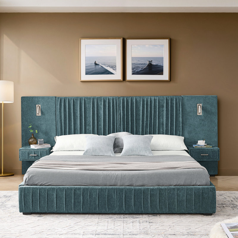 Queen Size Chenille Upholstered Bed With Bedside Table, Green