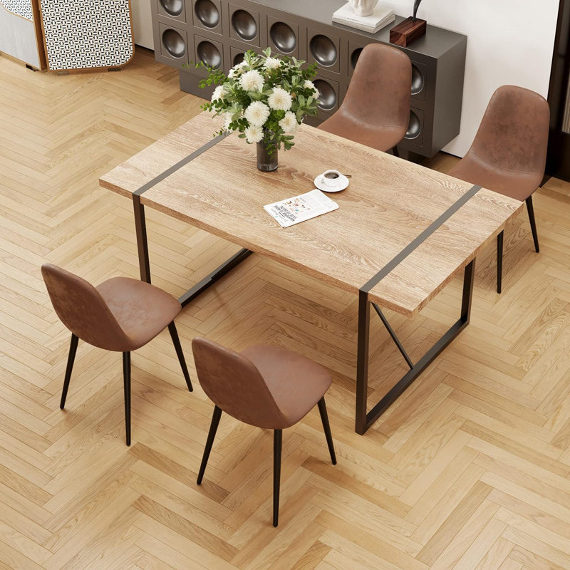 Modern 55'' Light Brown Wood Dining Table Set with Brown Fabric Chairs