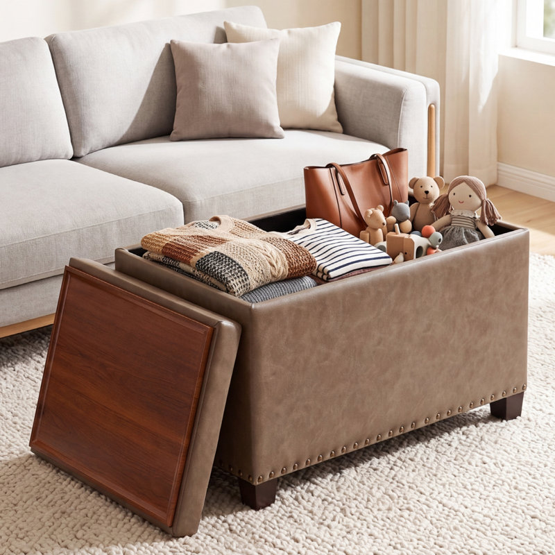 22" Upholstered Storage Ottoman With Reversible Tray Top, Brown Faux Leather