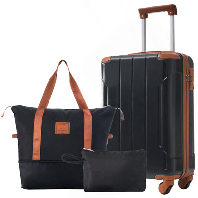 20 Inch Carry On Luggage Set 3 Piece With Spinner Wheels, Lightweight Hardshell ABS Suitcase For Weedend Getaways, Business Travel, Black Brown